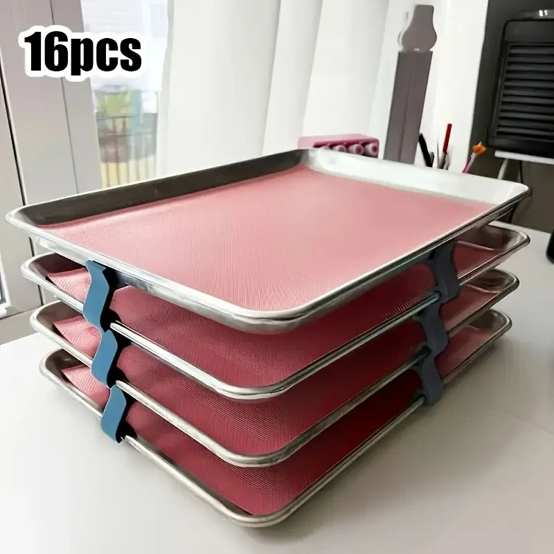 Lot de 2 Plateaux Empilables en Aluminium - Gain de Place & Polyvalent, Rose avec Poignées Bleues pour l'Organisation du Réfrigérateur & des Tiroirs, Essentiel Durable pour la Cuisine et le Bureau