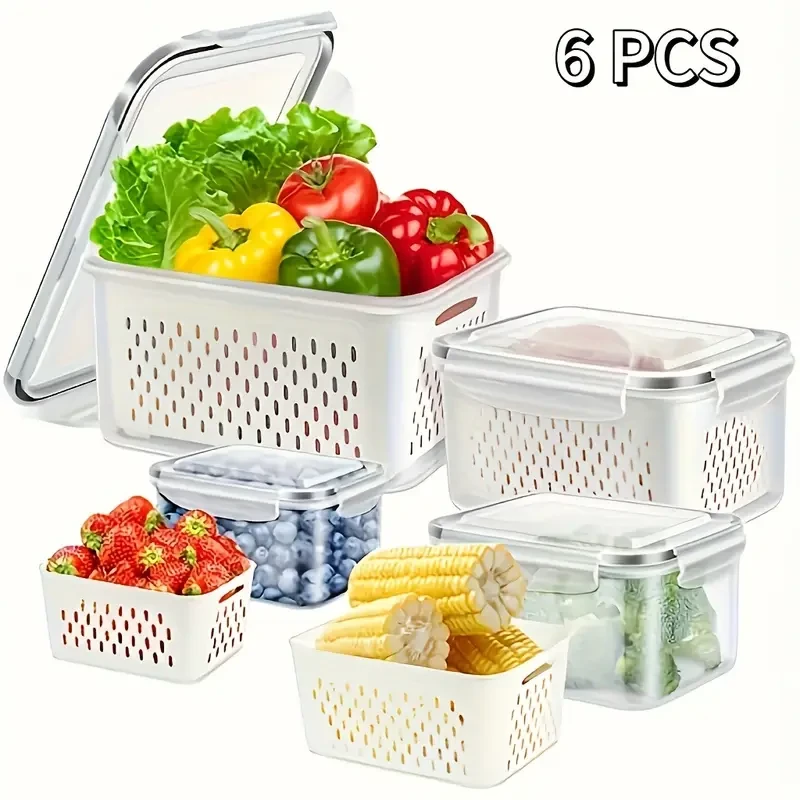 Lot de 6 Bacs de rangement lavables et transparents pour le réfrigérateur pour les fruits, les légumes et les essentiels du camping. 6 boîtes de conservation des aliments en plastique sans BPA avec co